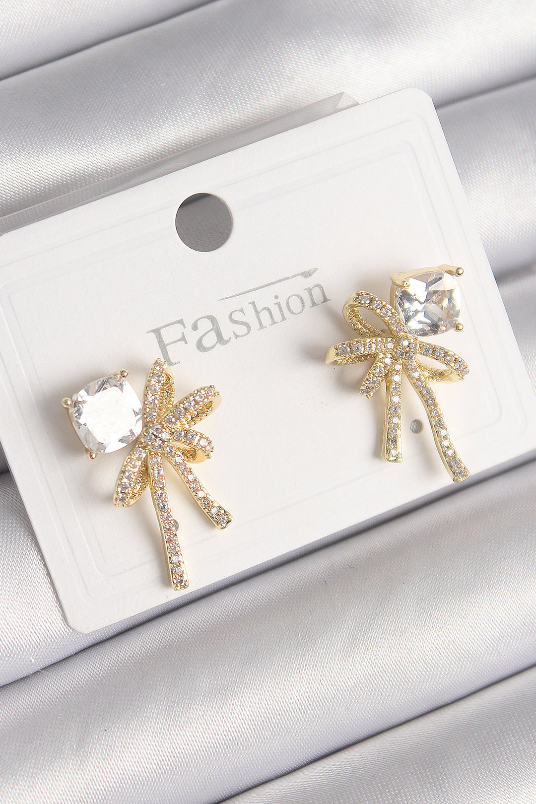 EBJ Rice Gold Color Ribbon Model Women's Earring with Zircon Stone - Chicoloapan