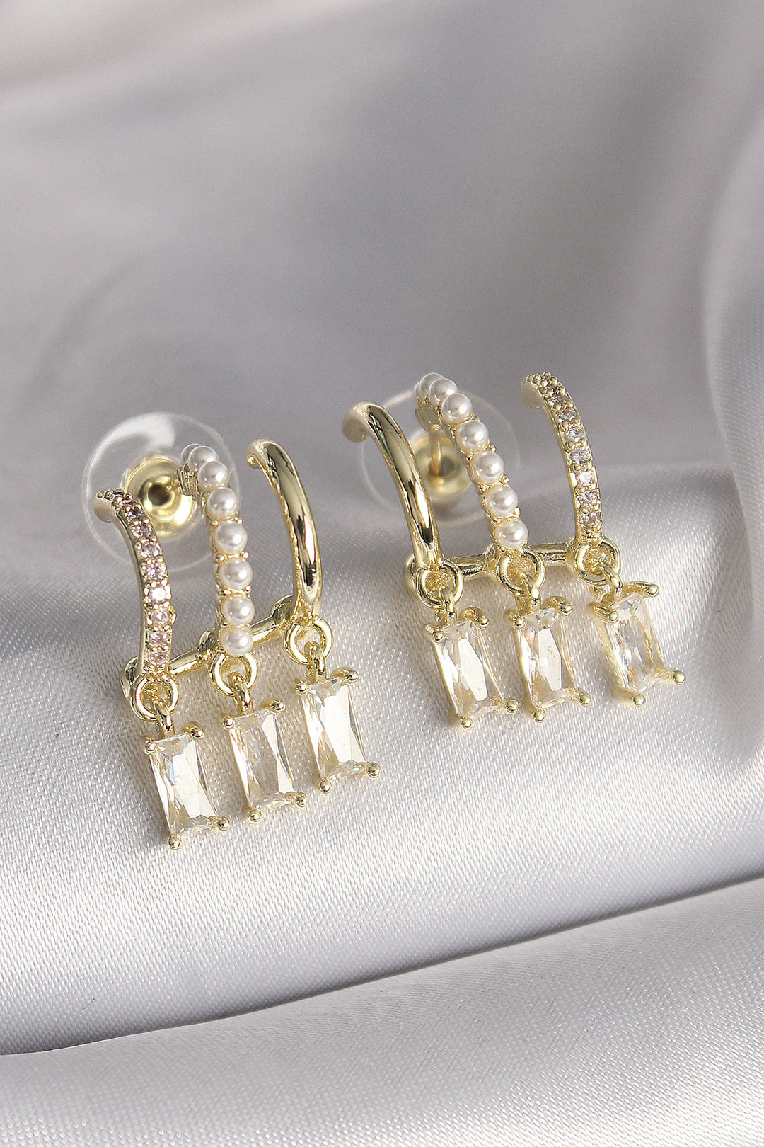 EBJ Rice Gold Color Pearl Detail Dangle Earrings with Zircon Stone for Women - Vancouver