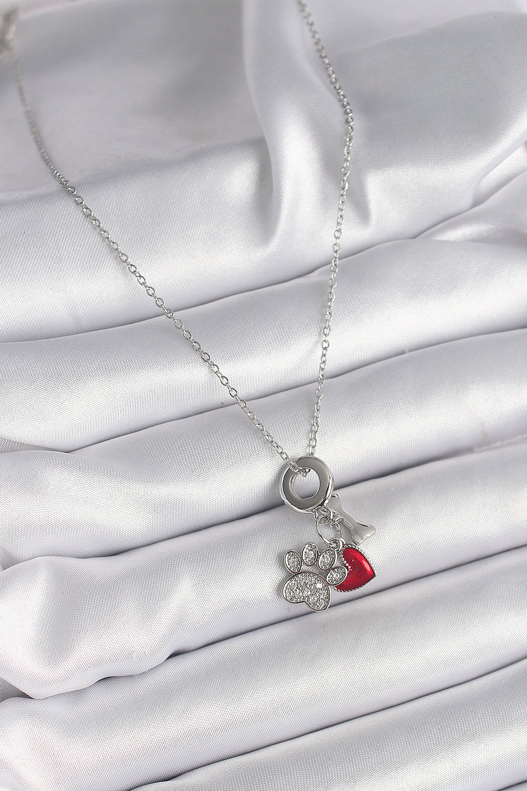 EBJ 316L Stainless Steel Silver Color Chain with Zircon Stone Paw Figure Heart Detail Women's Necklace - Huelva