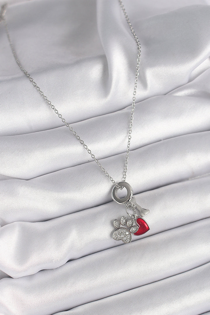 EBJ 316L Stainless Steel Silver Color Chain with Zircon Stone Paw Figure Heart Detail Women's Necklace - Huelva