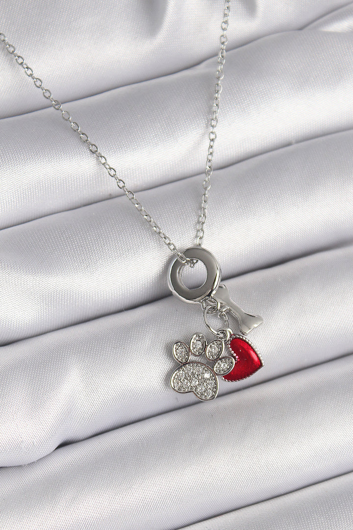 EBJ 316L Stainless Steel Silver Color Chain with Zircon Stone Paw Figure Heart Detail Women's Necklace - Huelva
