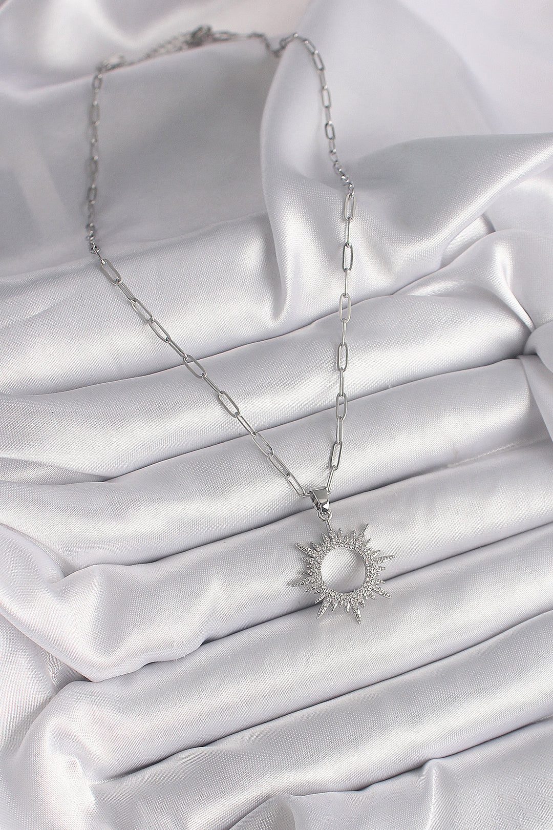 EBJ 316L Stainless Steel Silver Color Chain Sun Design Women's Necklace with Zircon Stone - Riccione Marina