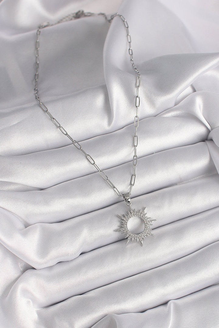 EBJ 316L Stainless Steel Silver Color Chain Sun Design Women's Necklace with Zircon Stone - Riccione Marina