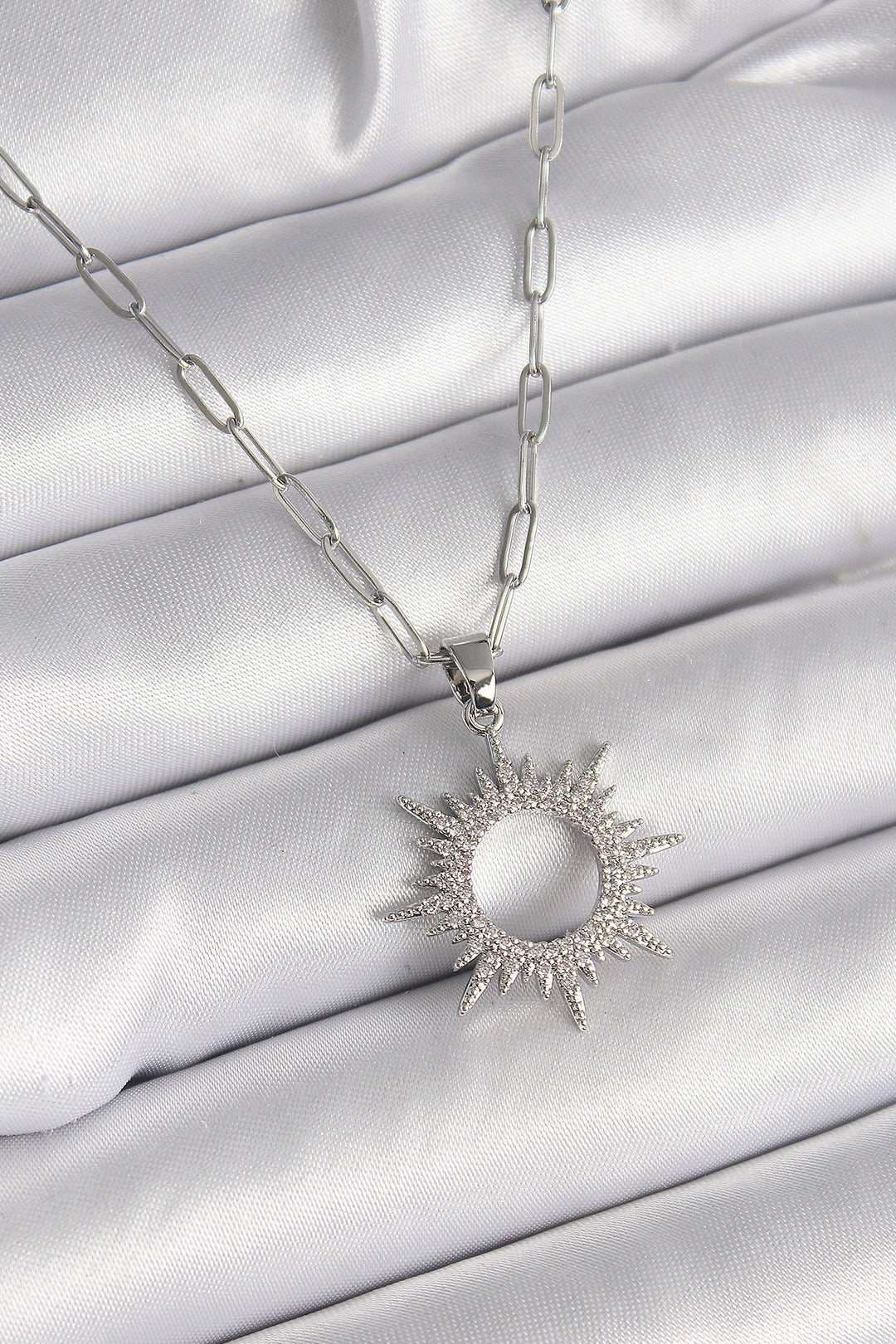 EBJ 316L Stainless Steel Silver Color Chain Sun Design Women's Necklace with Zircon Stone - Riccione Marina