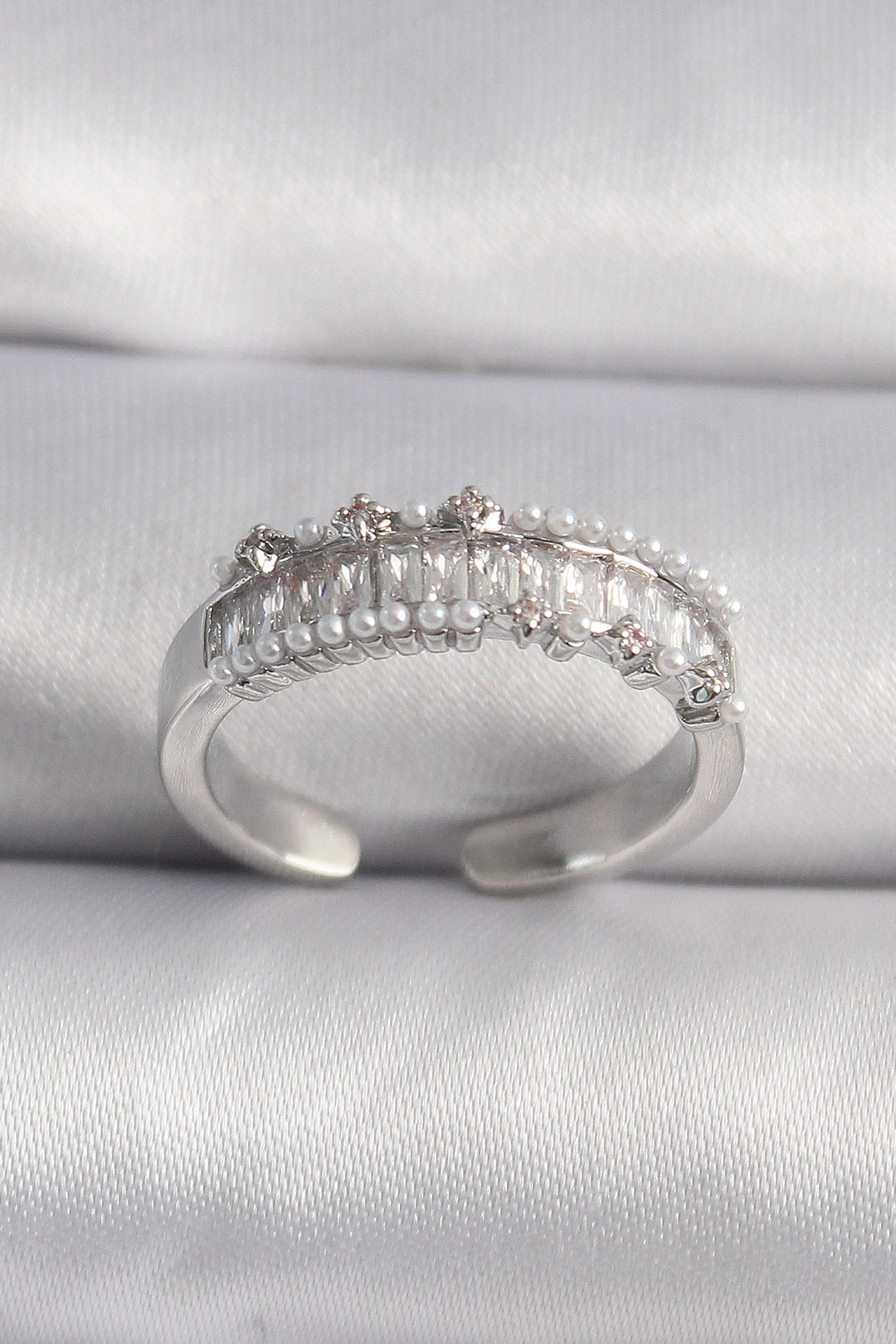 EBJ Rice Silver Color Zircon Stone Detailed Pearl VIP Series Women's Ring - Tiel