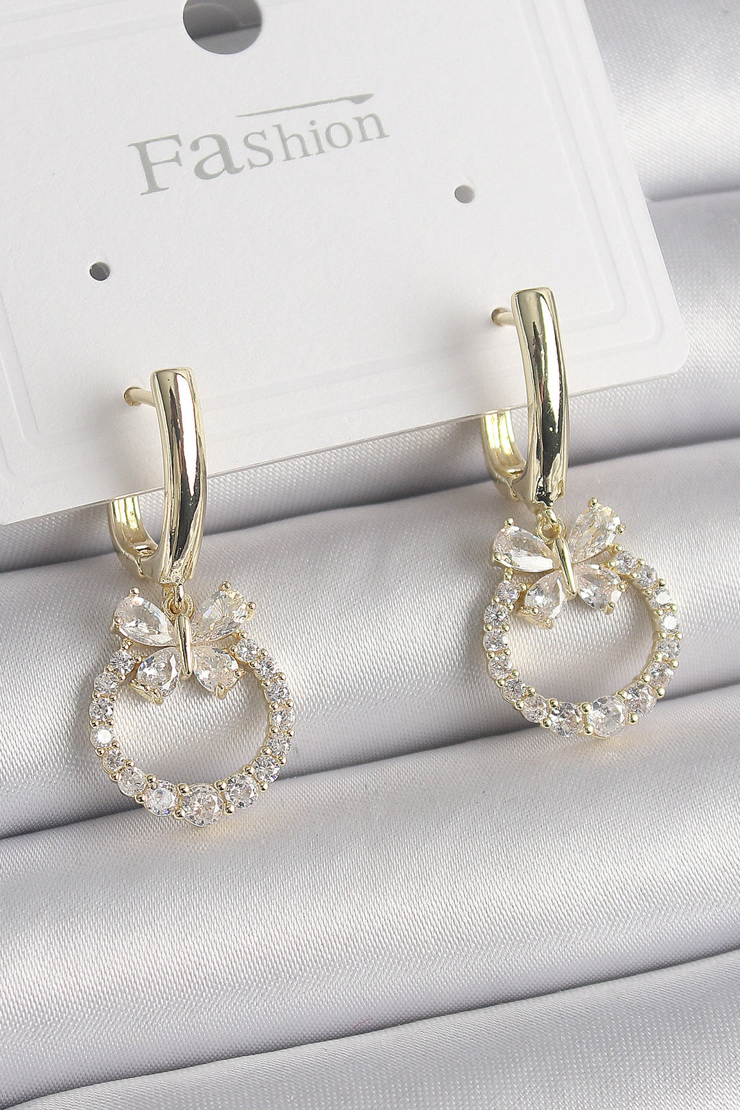 EBJ Rice Gold Color Zircon Stone Butterfly Figure Dangle Model Women's Earrings - Reading