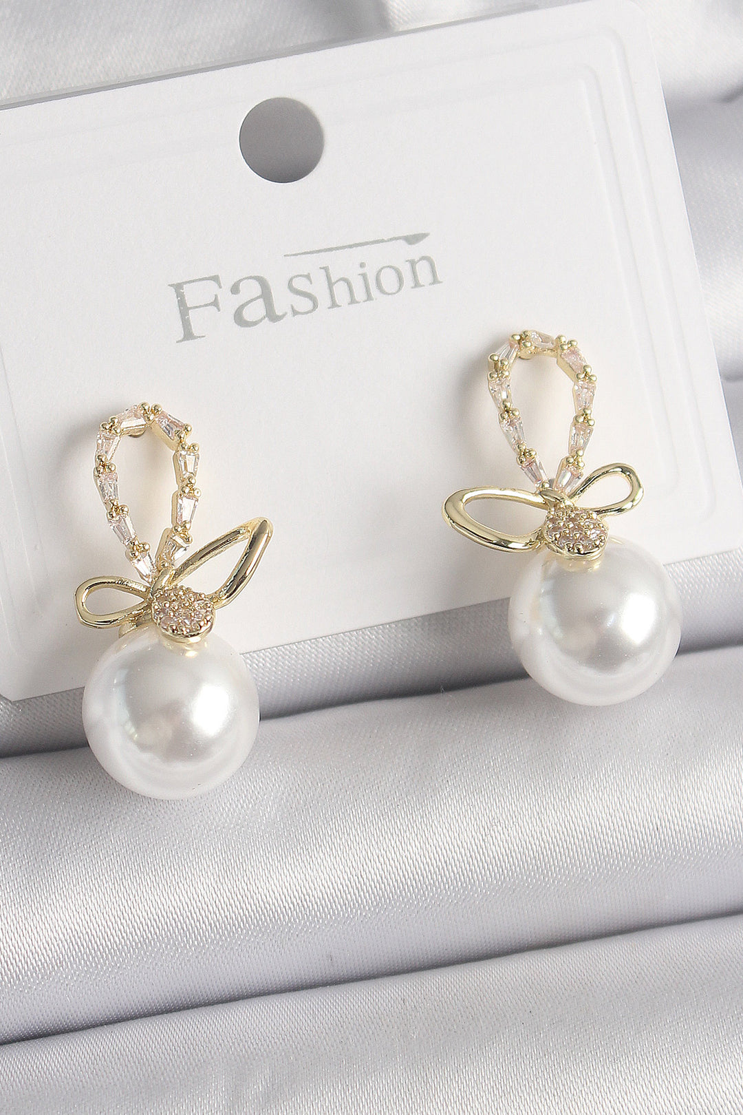 EBJ Rice Gold Color Zircon Stone Detailed Bow Pearl Model Women's Earring - Santiago Juxtlahuaca