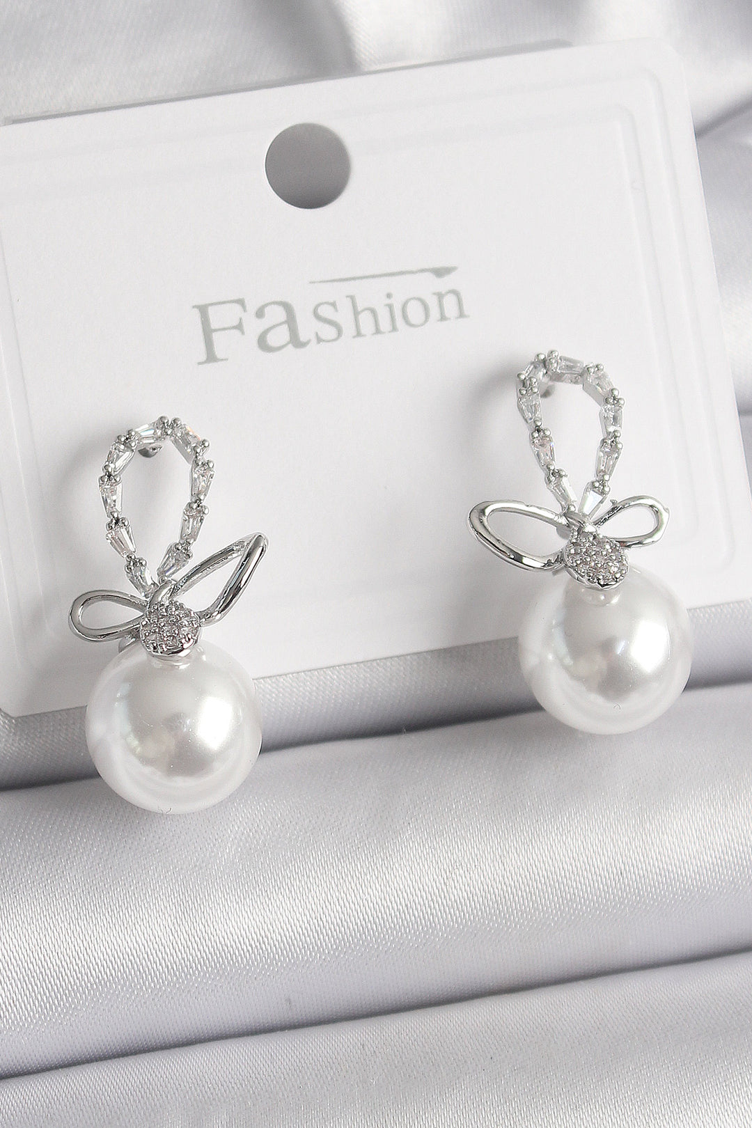 EBJ Rice Gold Color Zircon Stone Detailed Bow Pearl Model Women's Earring - Antony