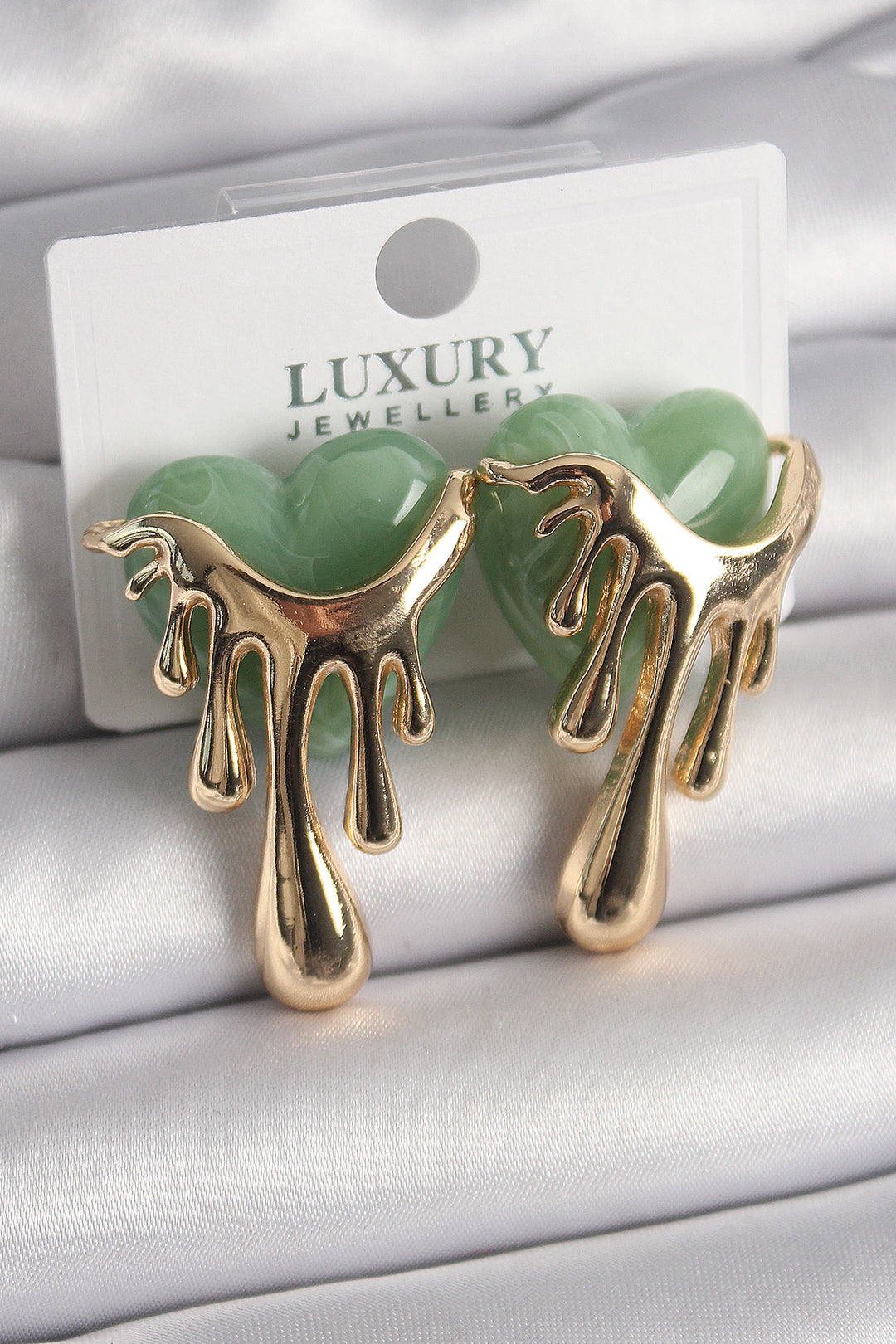 EBJ Rice Gold Color Green Iridescent Flowing Heart Model Women's Earring - Forest