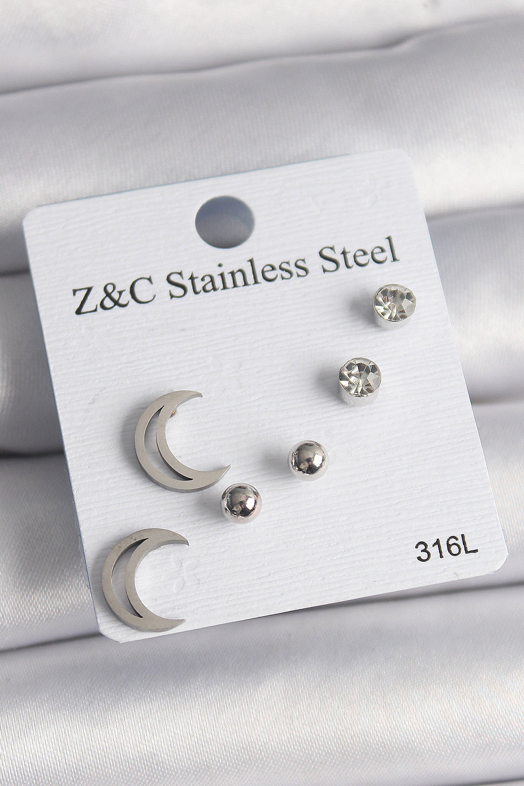 EBJ 316L Stainless Steel Silver Color Crescent Moon Model Women's Earring Set with Zircon Stone - Lagos de Moreno