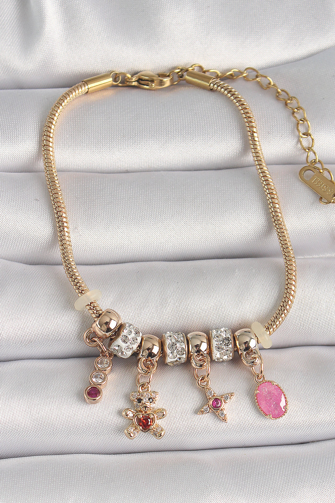 EBJ 316L Steel Gold Color Chain Dangle with Zircon Stone Teddy Bear Figure Star Detail Women's Bracelet - Henrietta