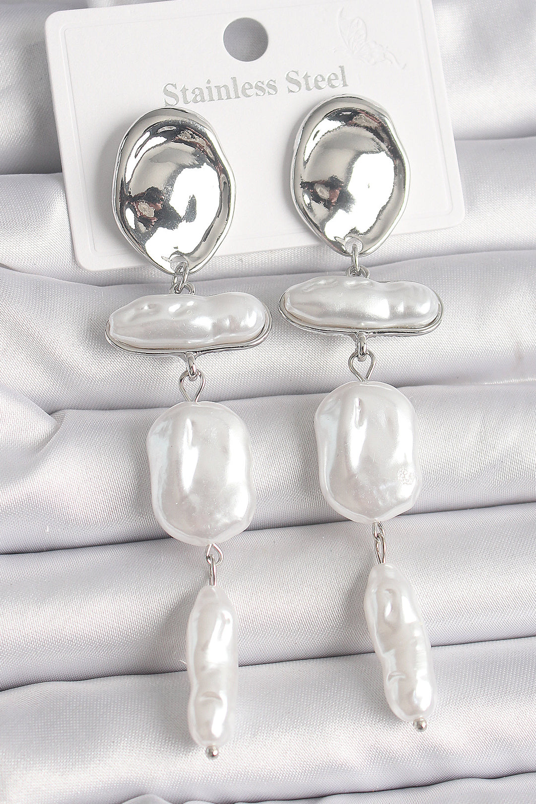 EBJ Rice Silver Color Round Plate Dangle Drop Earrings with Pearl Pattern for Women - Eau Claire