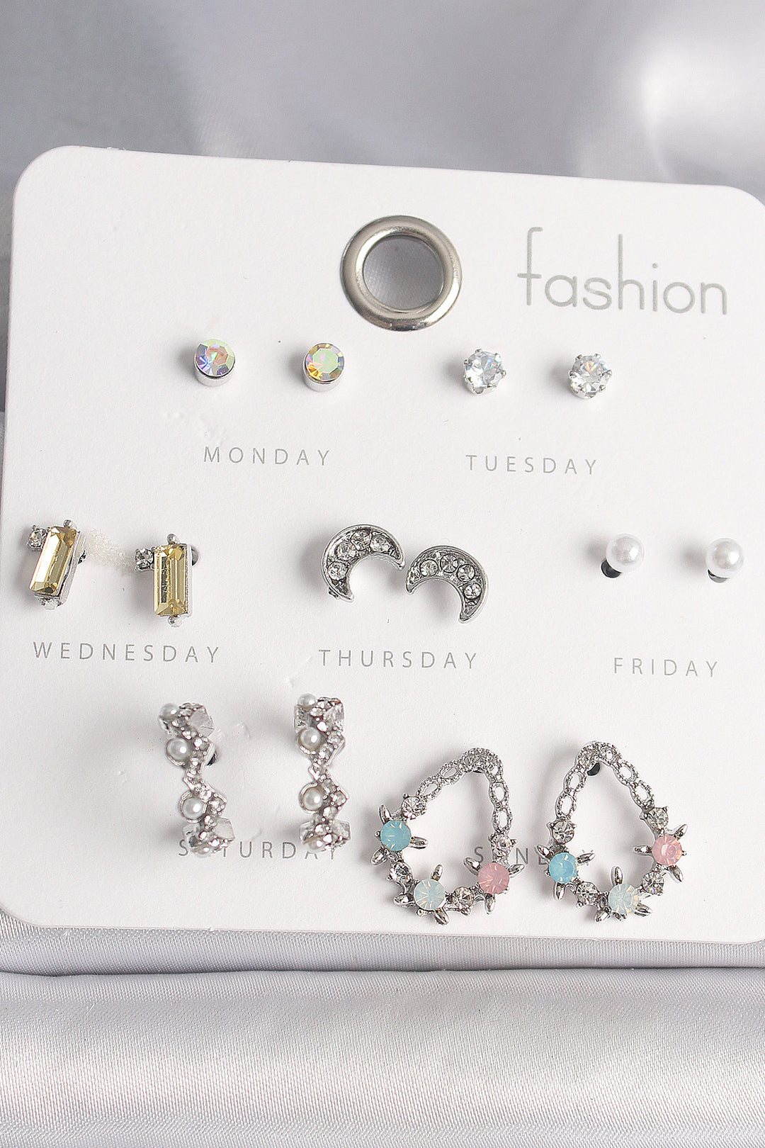 EBJ Rice Silver Color Multi-Colored Zircon Stone Ring Drop Figure Crescent Detail 7 Pair Women Earring Set - Bowmanville