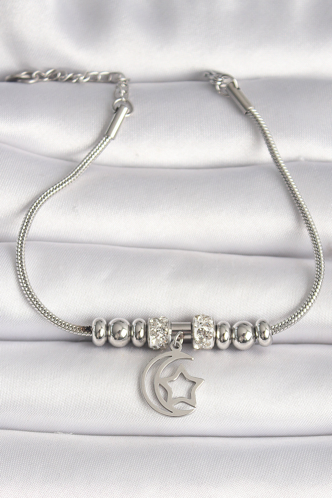 EBJ 316L Stainless Steel Silver Color Tube Chain with Zircon Stone Detailed Dangling Crescent Star Figure Women's Bracelet - Champaign