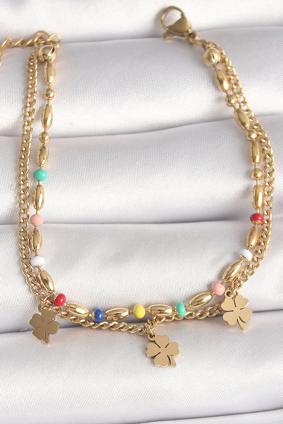EBJ 316L Steel Gold Color 2-Piece Chain Model Dangling Clover Figure Women's Bracelet - Warren