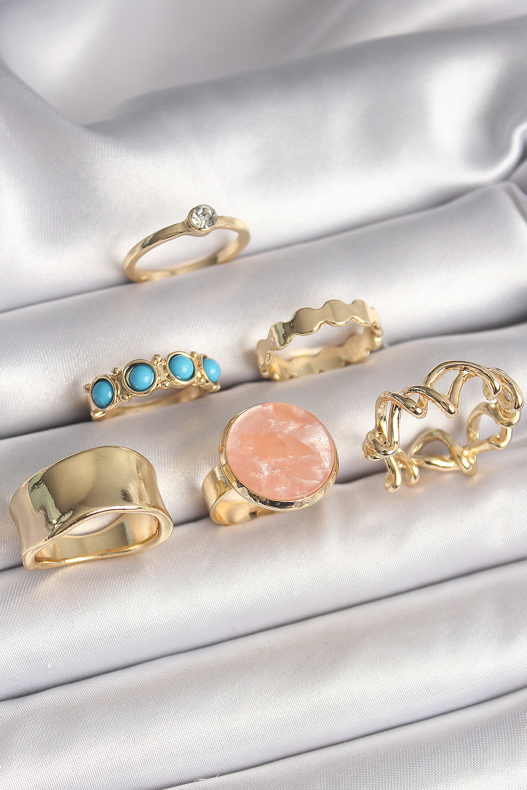 EBJ Rice Gold Color Round Pink Enamel Zircon Stone Detailed 6-Piece Women's Ring Set - Tizimín