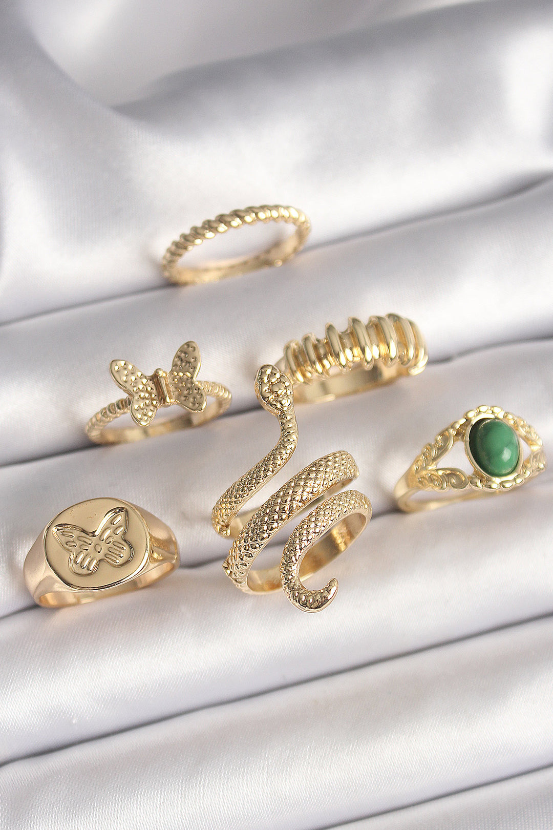 EBJ Rice Gold Color Embroidered Snake Pattern Butterfly Detail 6-Piece Women's Ring Set - Castro Valley