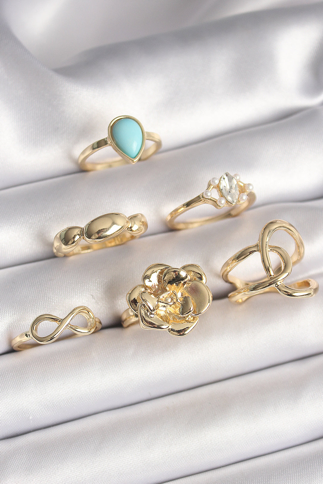 EBJ Rice Gold Color Flower Pattern Infinity Zircon Stone Detailed 6-Piece Women's Ring Set - Georgetown