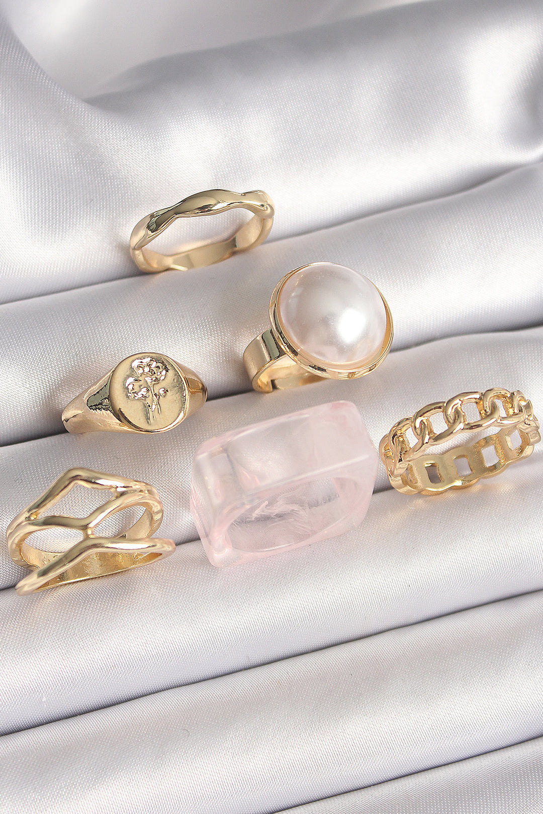 EBJ Rice Gold Color White Pearl Chain Ring Figure Processing Detail 6-Piece Women's Ring Set - Creil