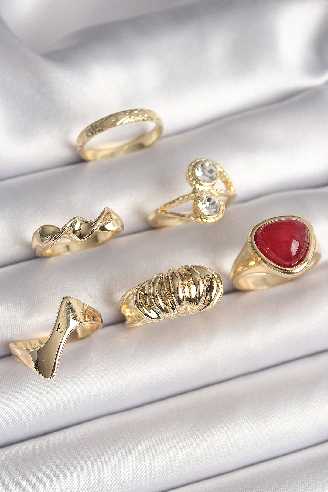 EBJ Rice Gold Color Spiral Model Zircon Stone Detailed 6-Piece Women's Ring Set - Sun Prairie