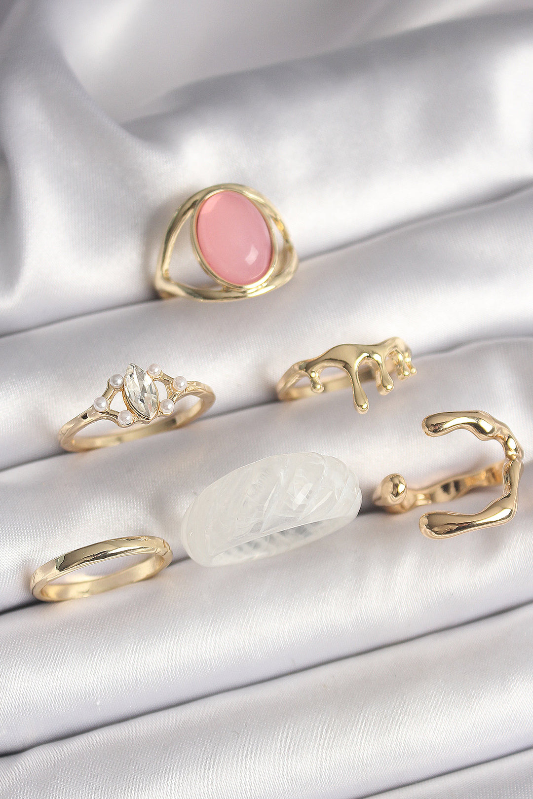 EBJ Rice Gold Color Zircon Stone Detailed Pink Enamel 6-Piece Women's Ring Set - Isla