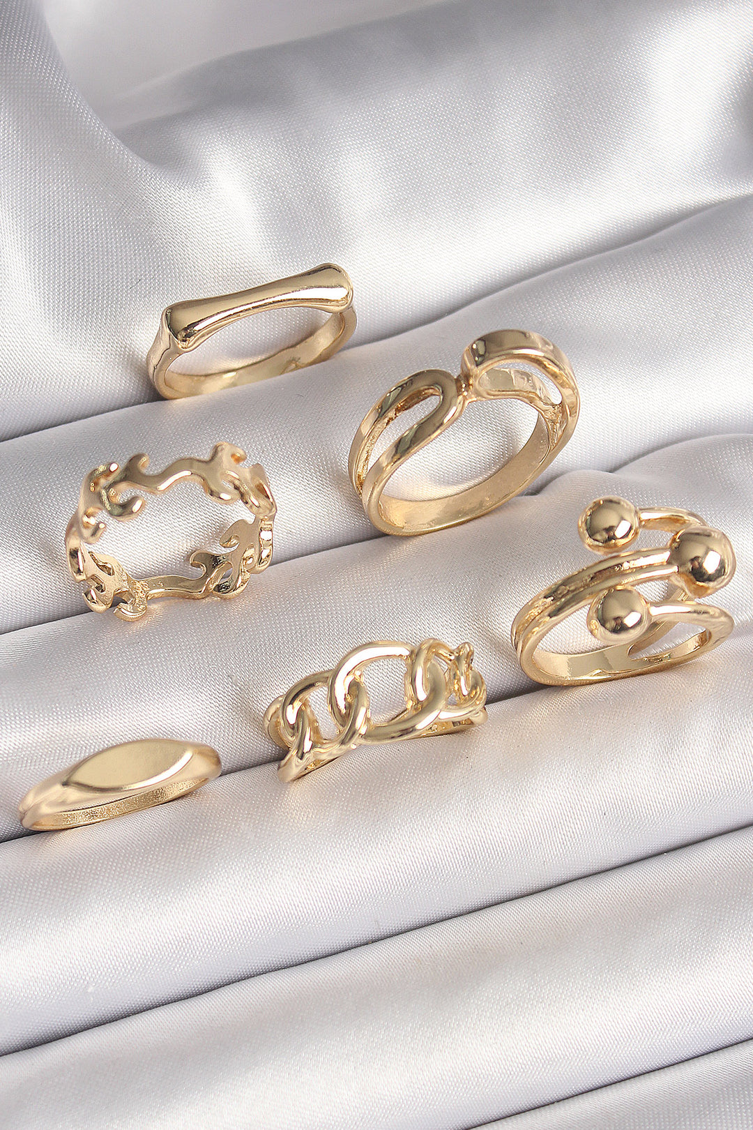 EBJ Rice Gold Color Branch Embroidered Ring Bead Detail 6-Piece Women's Ring Set - Long Eaton