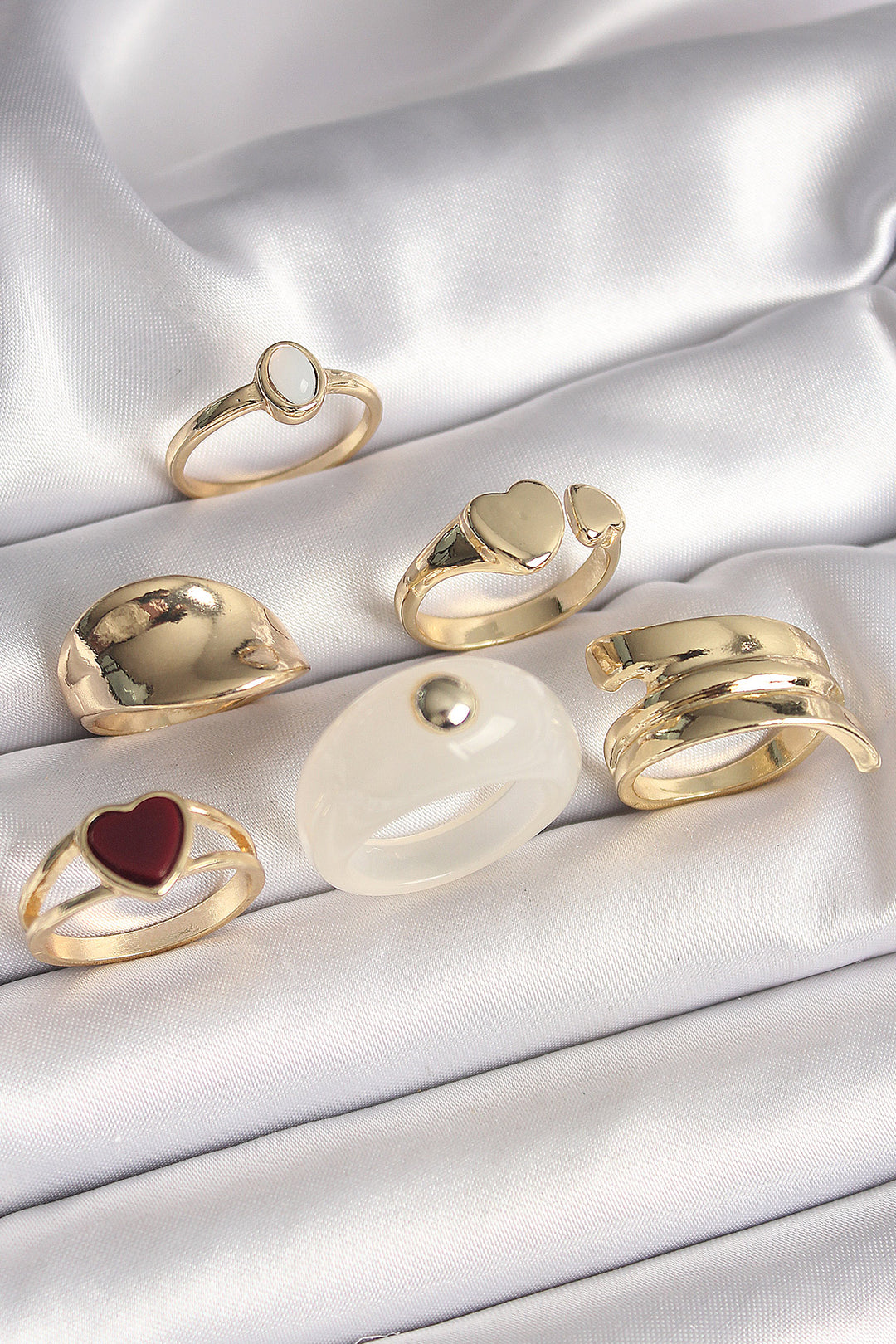 EBJ Rice Gold Color White Enamel Detail Brown Heart Figure 6-Piece Women's Ring Set - Courbevoic