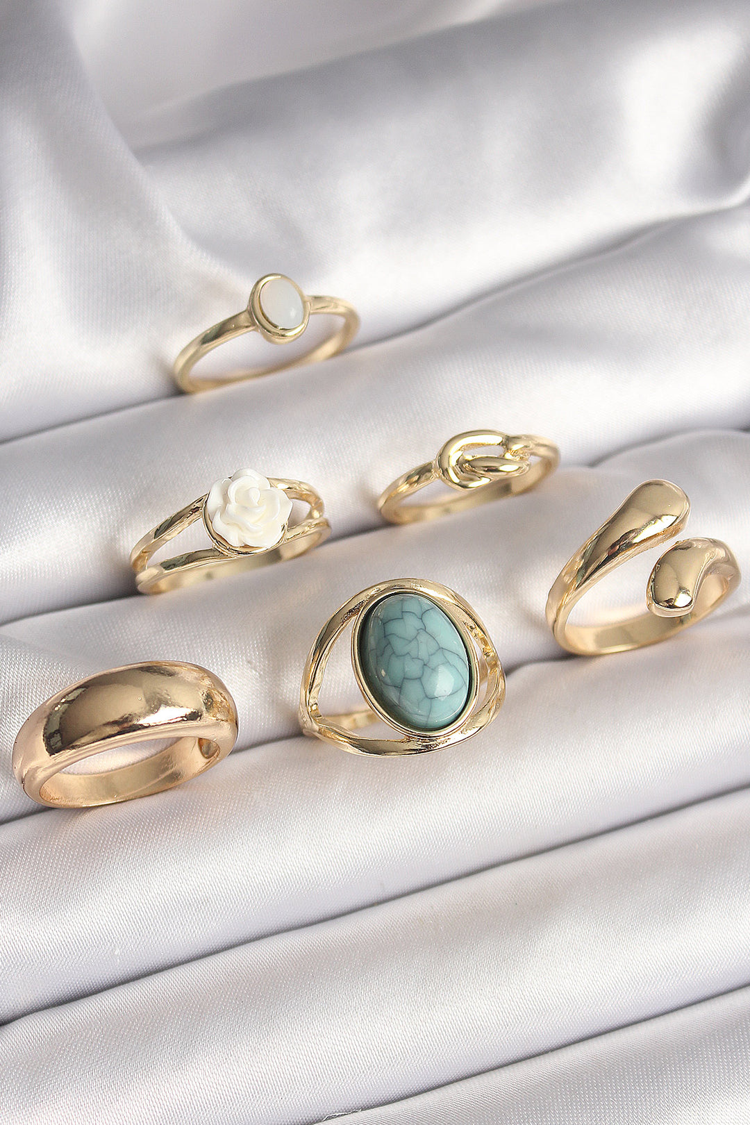EBJ Rice Gold Color White Rose Figured Knot Detail 6-Piece Women's Ring Set - Wichita