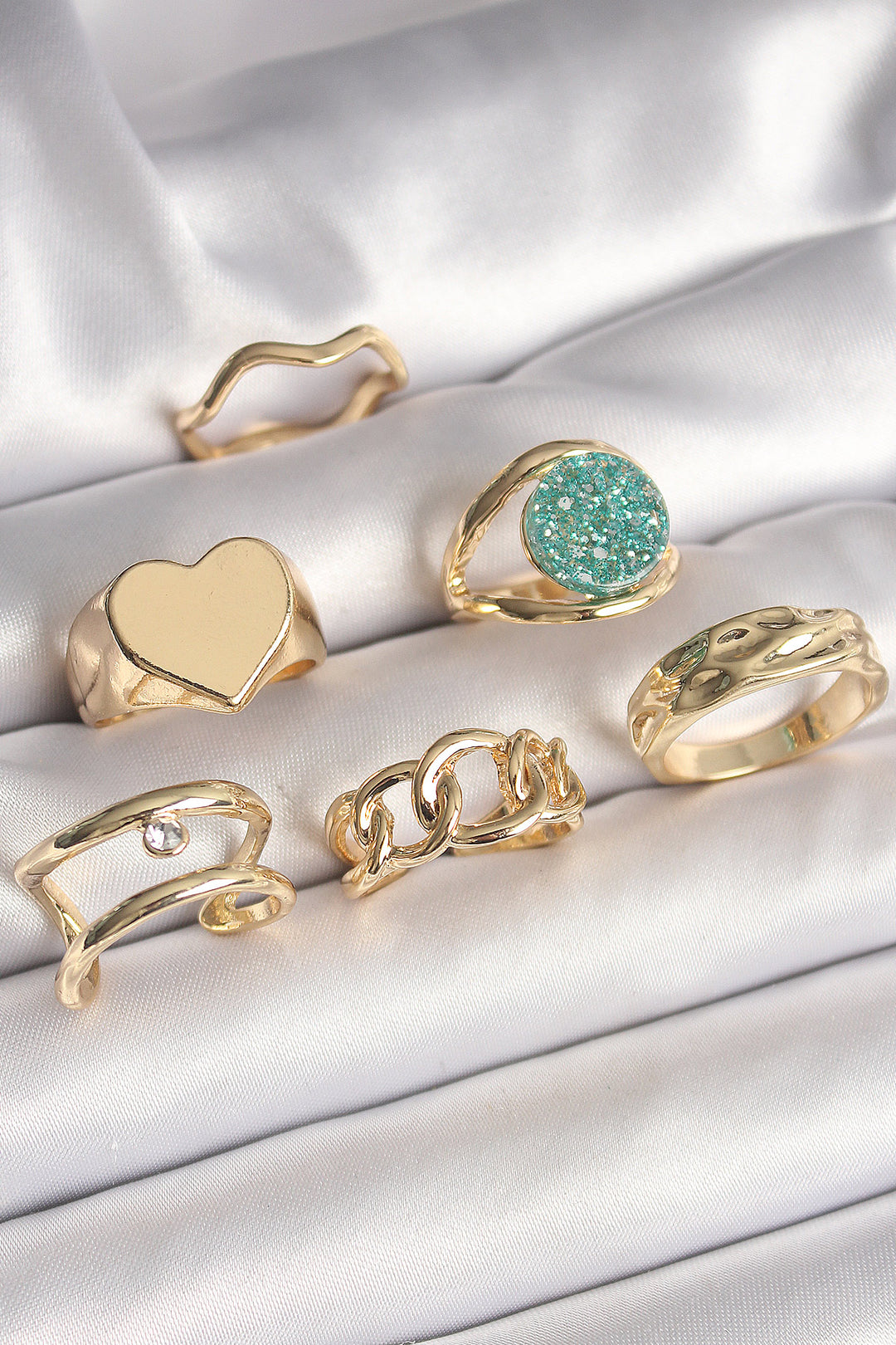 EBJ Rice Gold Color Zircon Stone Heart Plate Figure Blue Glitter Detail 6-Piece Women's Ring Set - Pomigliano d’Arco