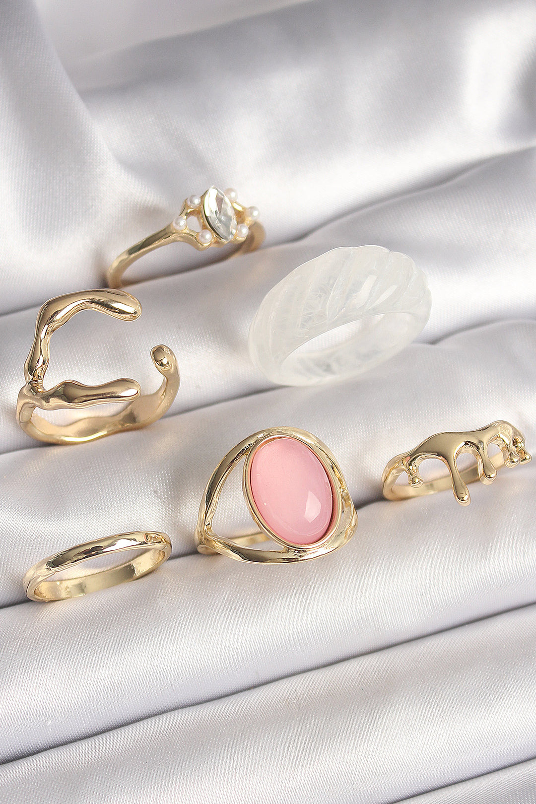 EBJ Rice Gold Color Zirconia Oval Pink Enamel 6-Piece Women's Ring Set - Gallarate