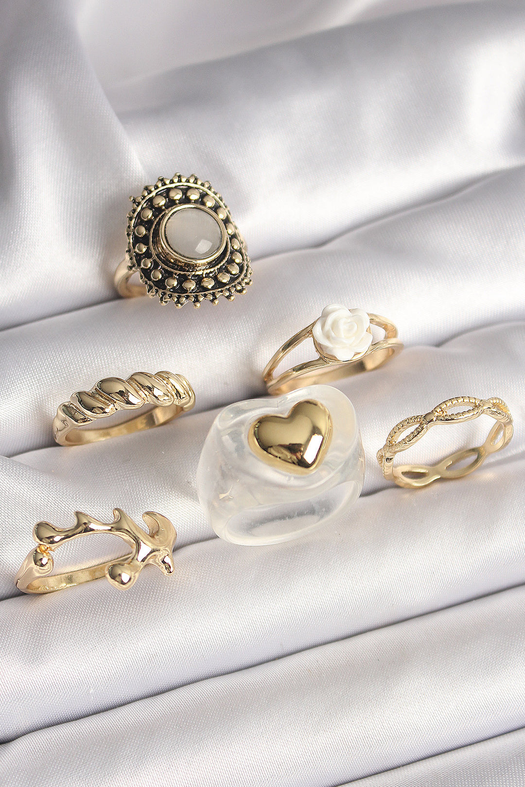 EBJ Rice Gold Color White Rose Figure Heart Embroidered Spiral Detail 6-Piece Women's Ring Set - El Paso