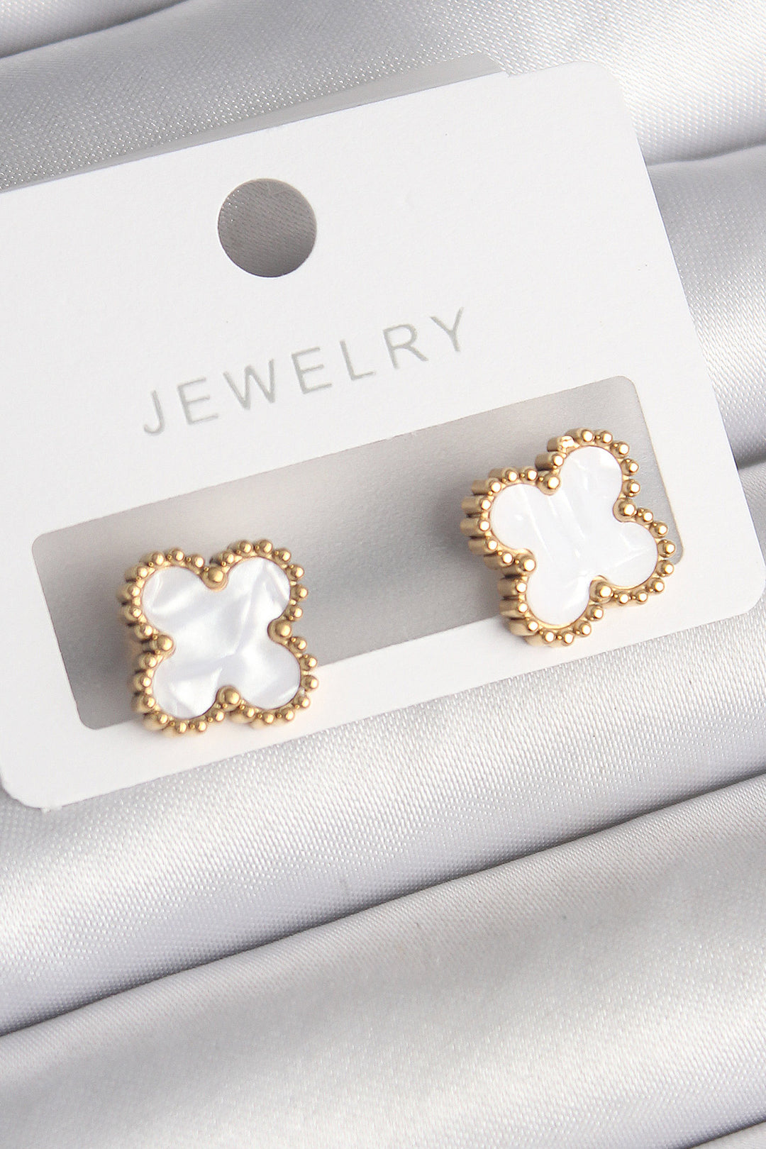 EBJ 316L Steel Gold Color White Enamel Clover Model Women's Earring - Bragadiru