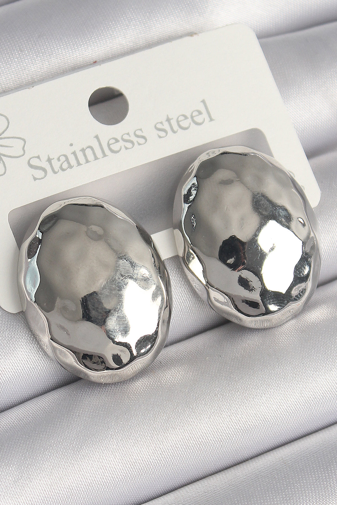 EBJ Rice Silver Color Detailed Embossed Oval Plate Model Women's Earrings - Gavá