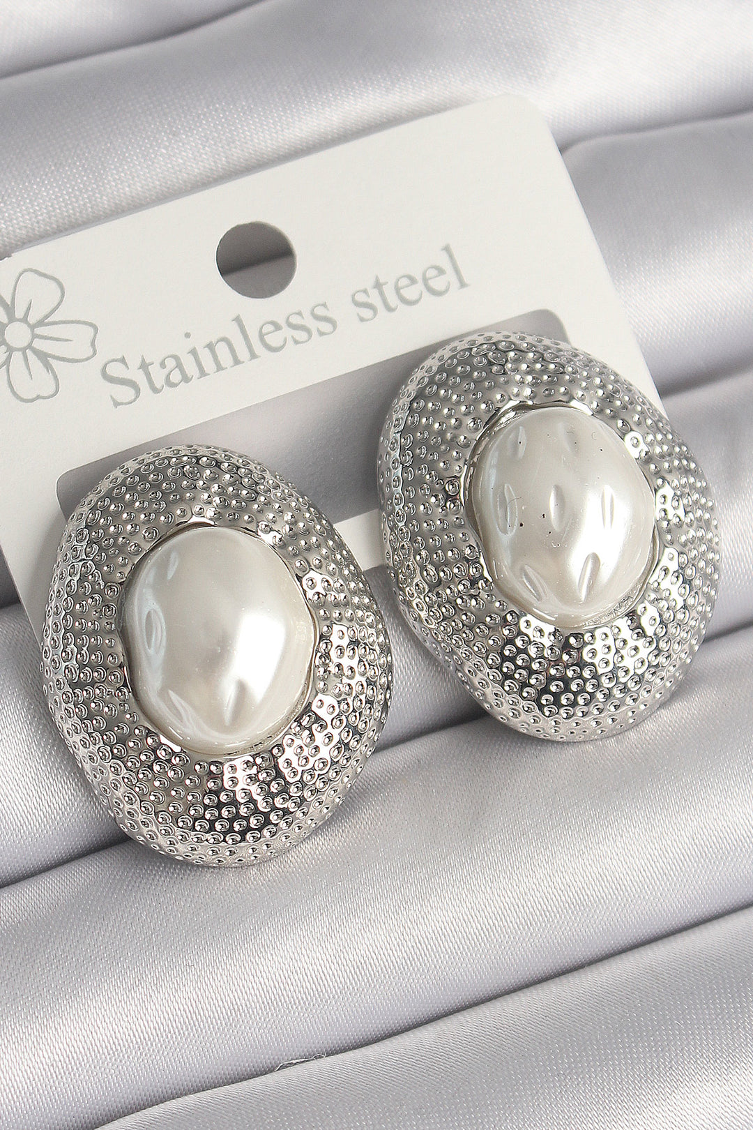 EBJ Rice Silver Color Detailed Pearl Round Model Women's Earring - Merksem