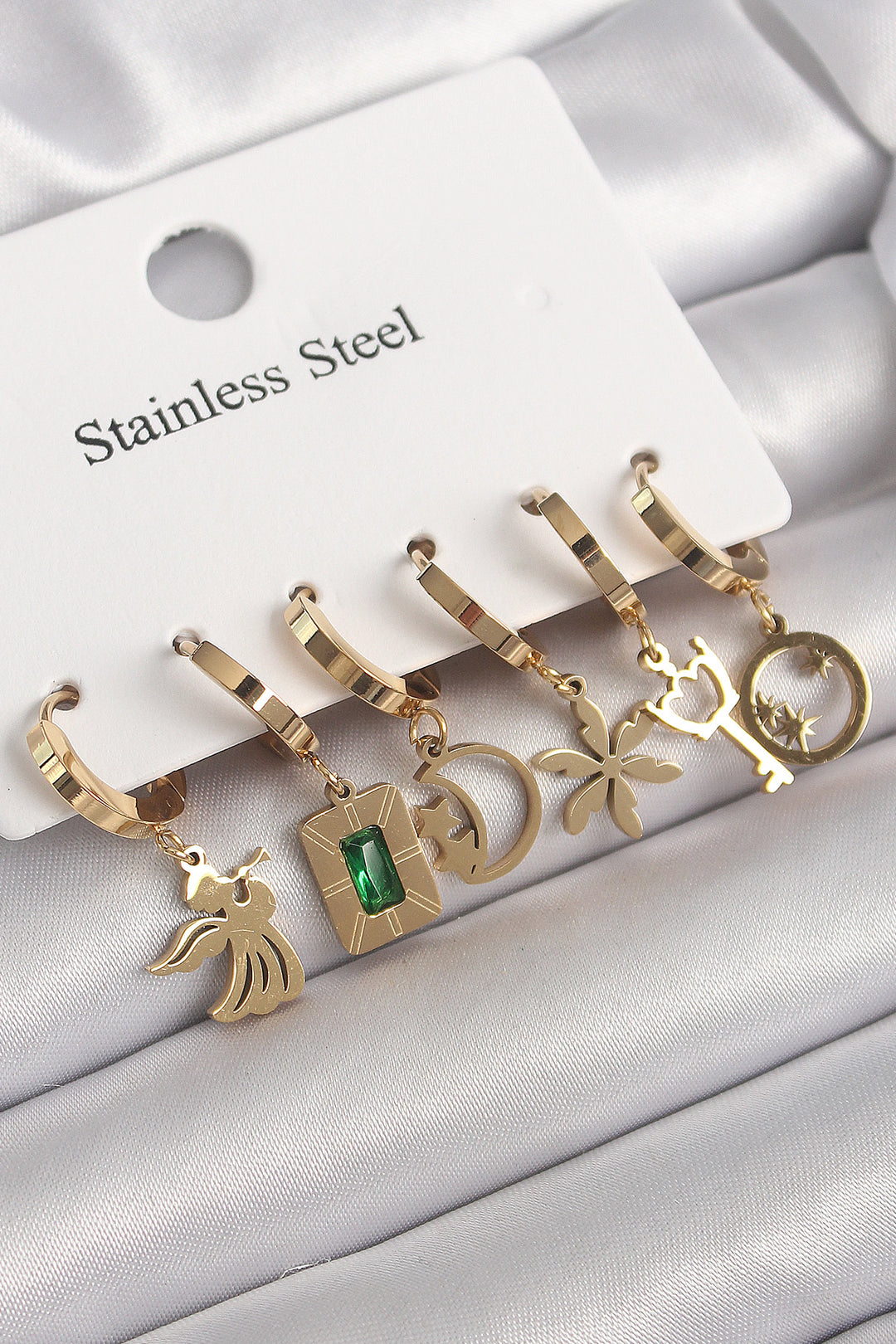 EBJ 316L Steel Gold Color Dangle Multiple Figure Model Zircon Stone Detailed Women's Earring Set - Focşani
