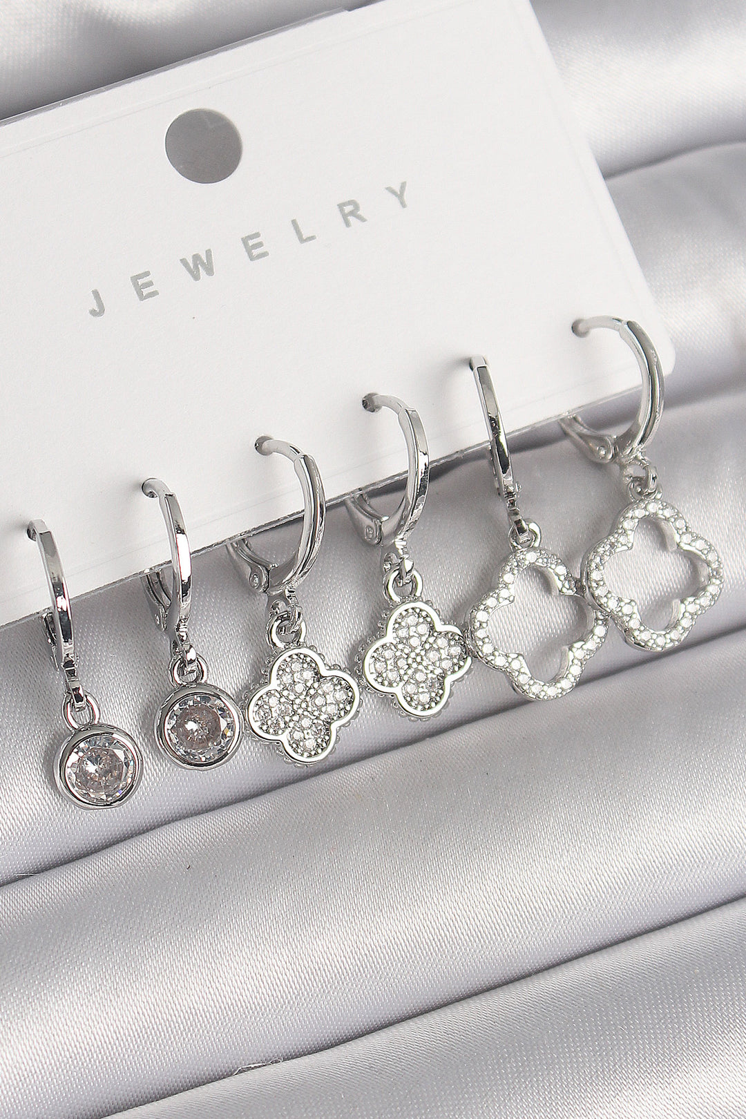 EBJ Rice Silver Color Dangle Clover Model Women's Earring Set with Zircon Stone - Manzanillo