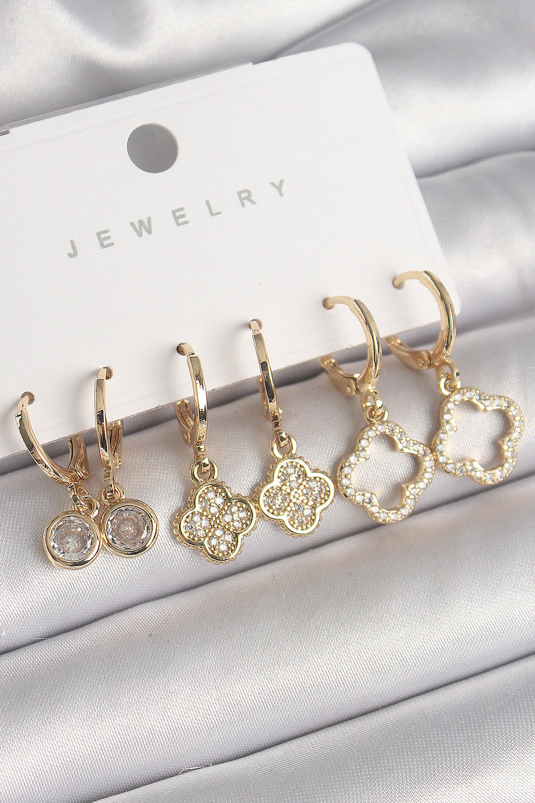 EBJ Rice Gold Color Dangle Earrings Set with Zircon Stone Clover Design for Women - Hurst