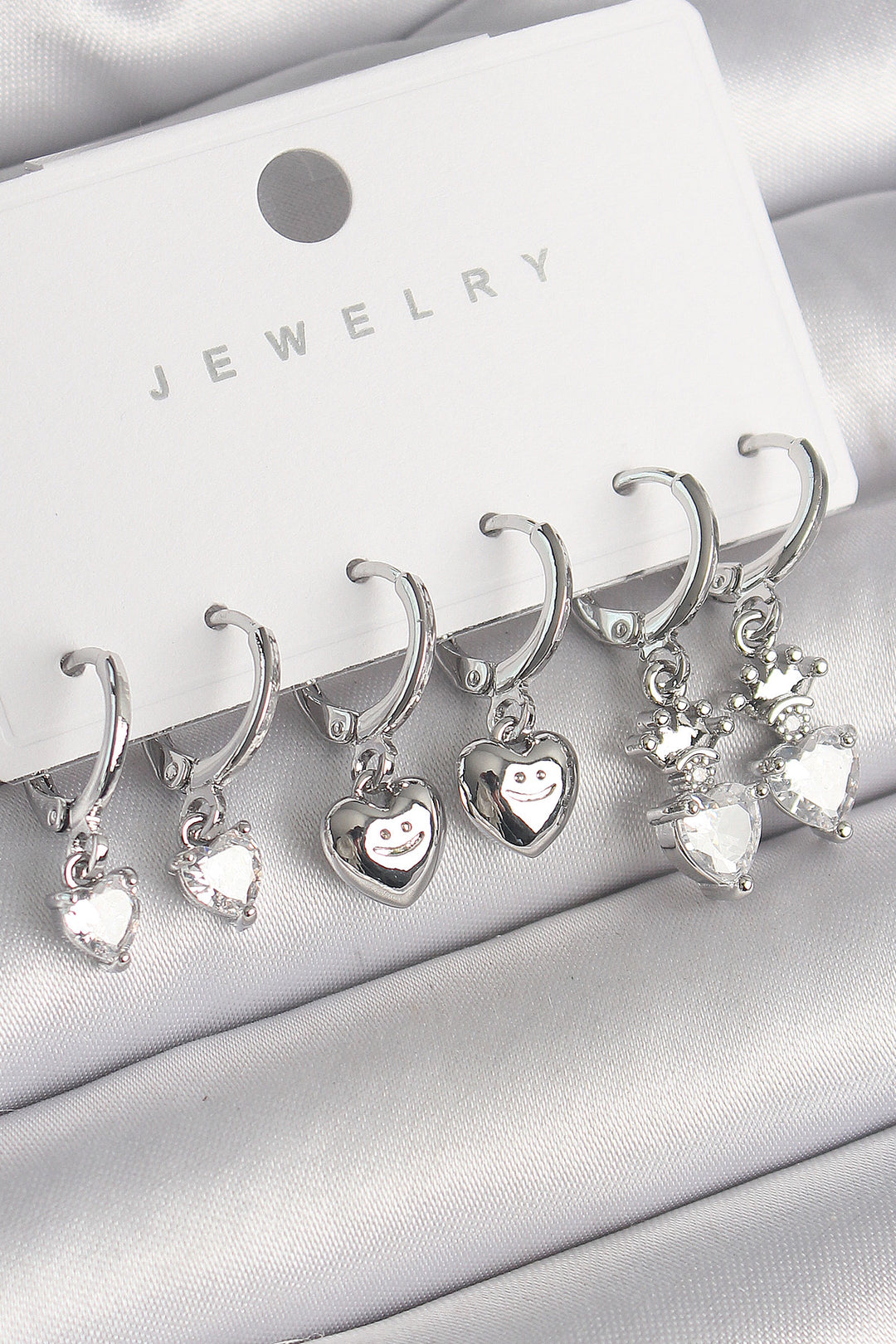 EBJ Rice Silver Color Dangle Earrings Set with Zircon Stone Heart Model Crown Detail Women's Earrings Set - St. Catharines