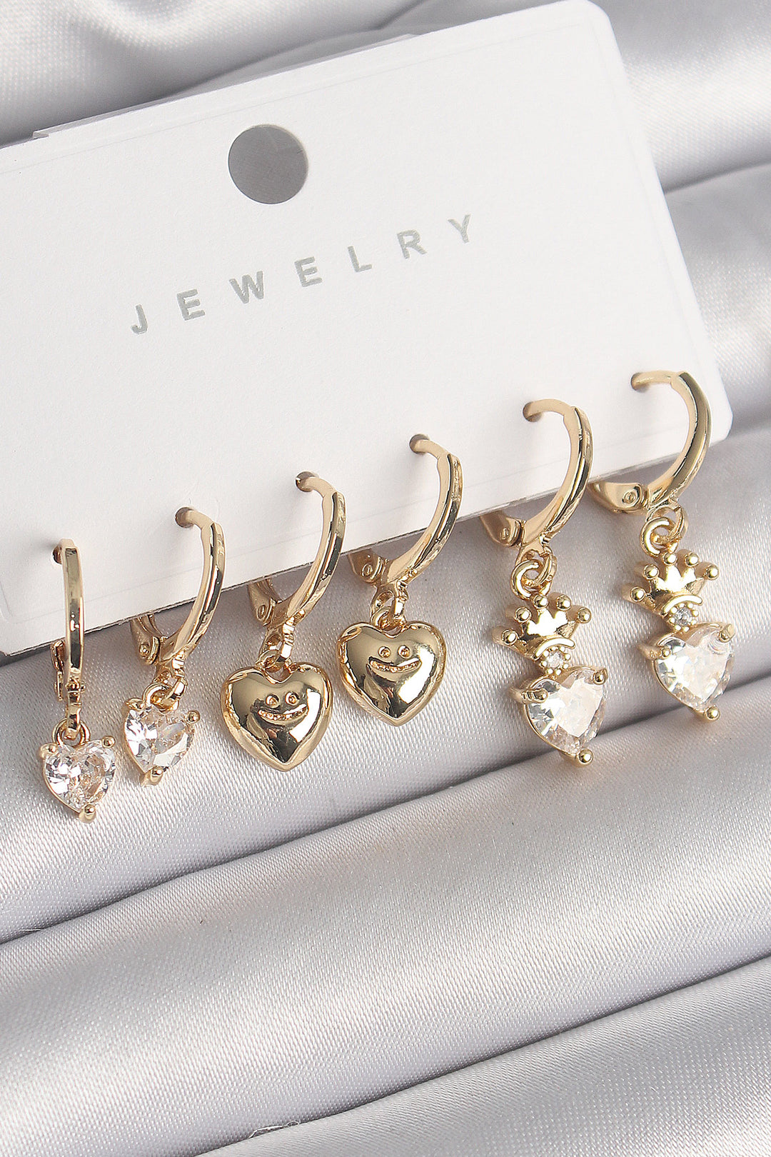 EBJ Rice Gold Color Swinging Zircon Stone Heart Model Crown Detail Women's Earring Set - Sankt Gallen