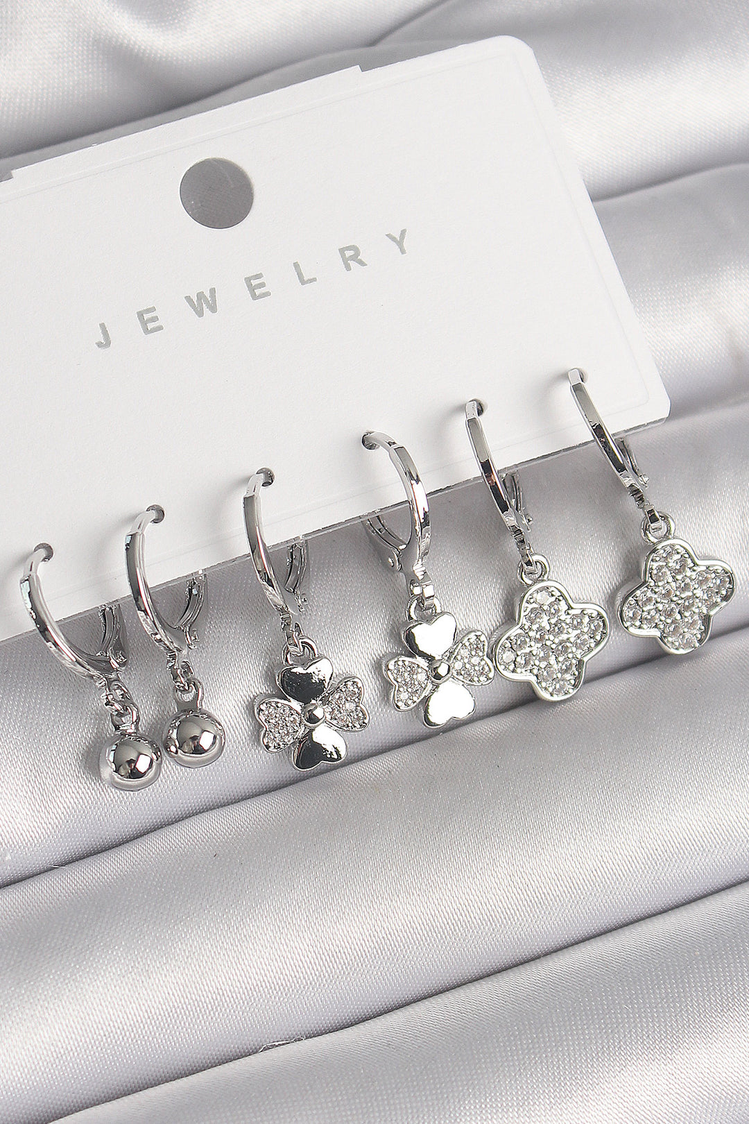 EBJ Rice Silver Color Dangle Clover Model Bead Detail Women's Earring Set with Zircon Stone - Landau
