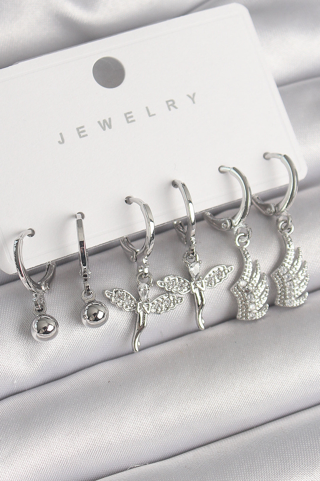 EBJ Rice Silver Color Dangle Earrings Set with Zircon Stone Angel Wing Detail for Women - Caguas