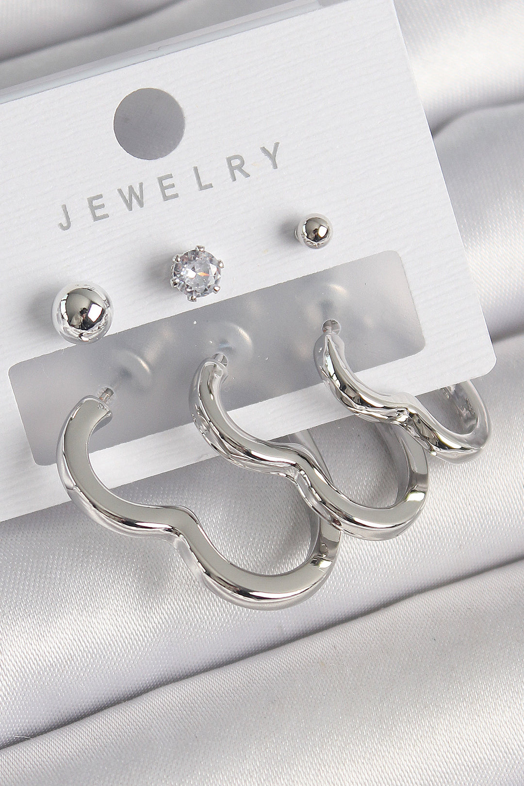 EBJ Rice Silver Color Heart Model Zircon Stone Bead Detail Women's Earring Set - Allen