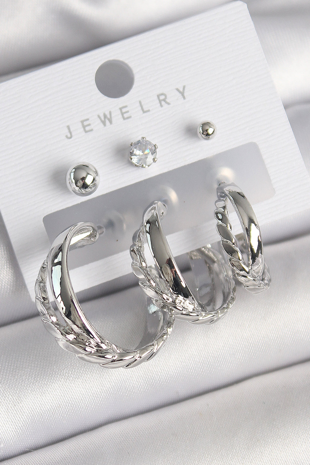 EBJ Rice Silver Color 3-Piece Ring Model Zircon Stone Bead Detail Women's Earring Set - Upper Hutt