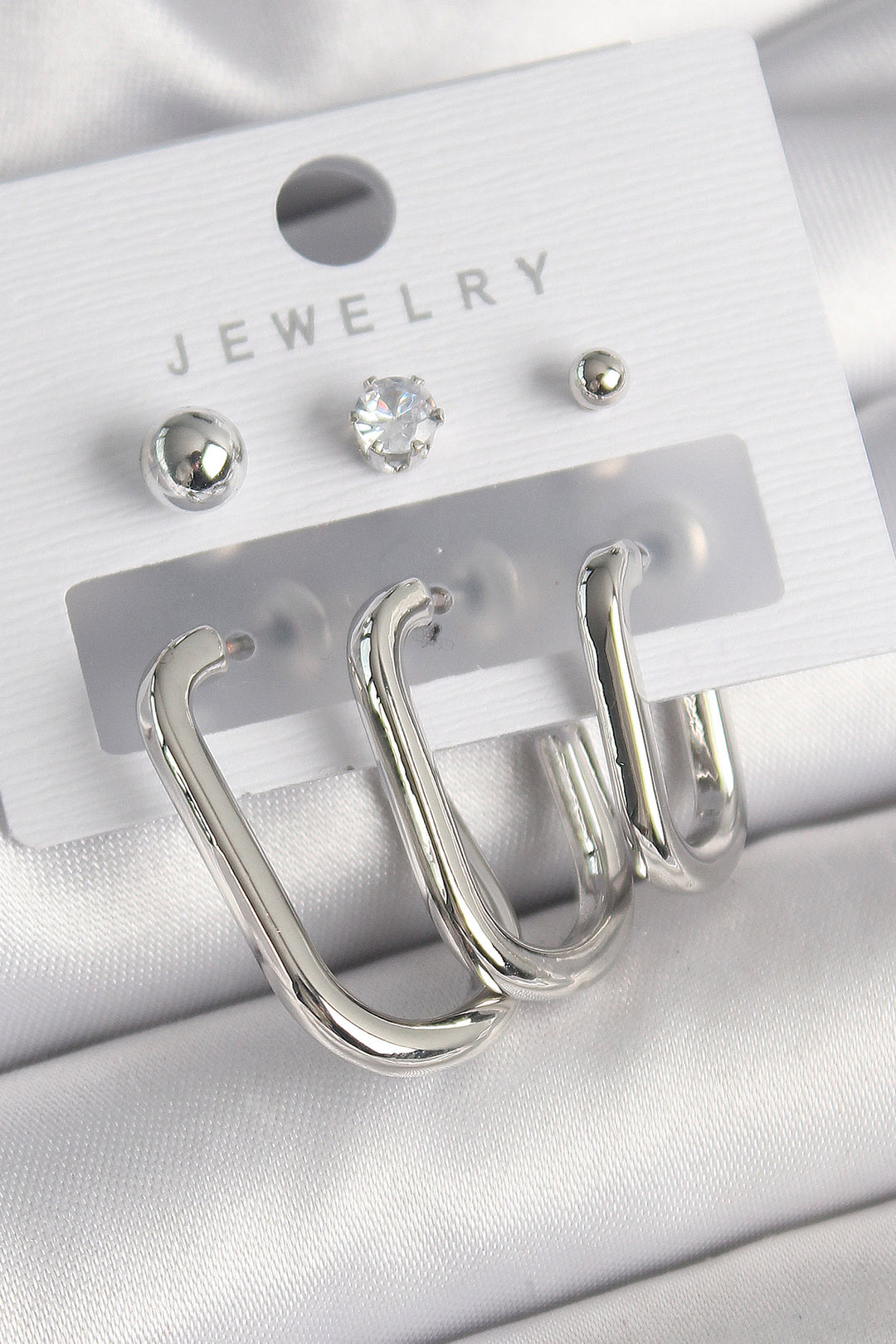 EBJ Rice Silver Color Ring Model Zircon Stone Bead Detail Women's Earring Set - Livermore