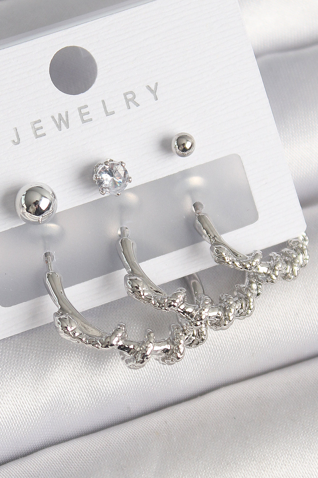 EBJ Rice Silver Color Spiral Snake Ring Model Zircon Stone Bead Detail Women's Earring Set - Caerdydd