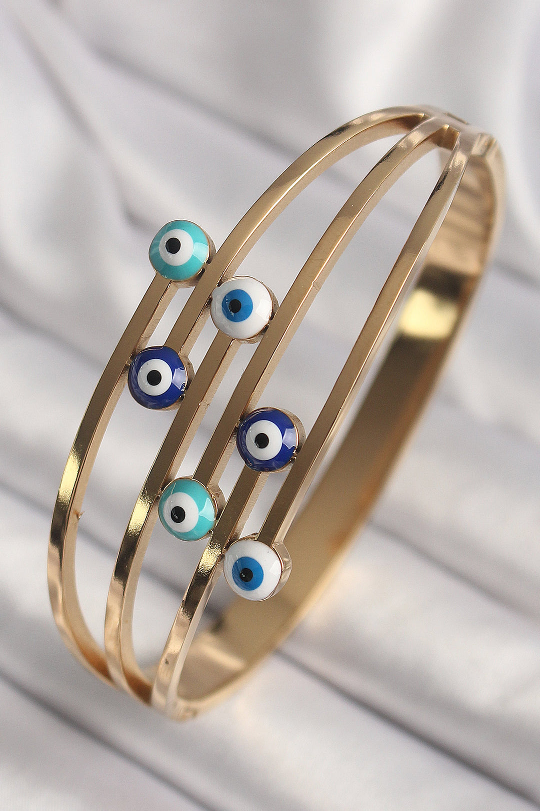 EBJ 316L Steel Gold Color Evil Eye Beaded Ribbed Model Women's Cuff - Coatzacoalcos