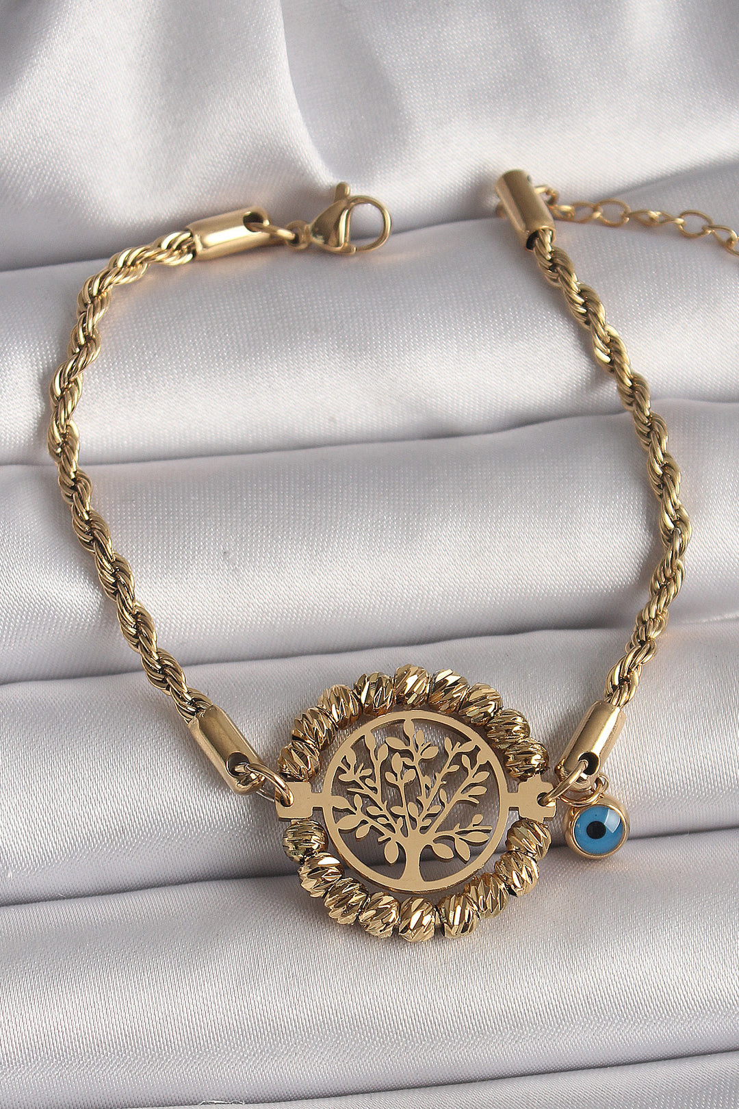 EBJ 316L Steel Gold Color Spiral Chain Model Dorika Tree of Life Figure Evil Eye Bead Detail Women's Bracelet - Gladstone