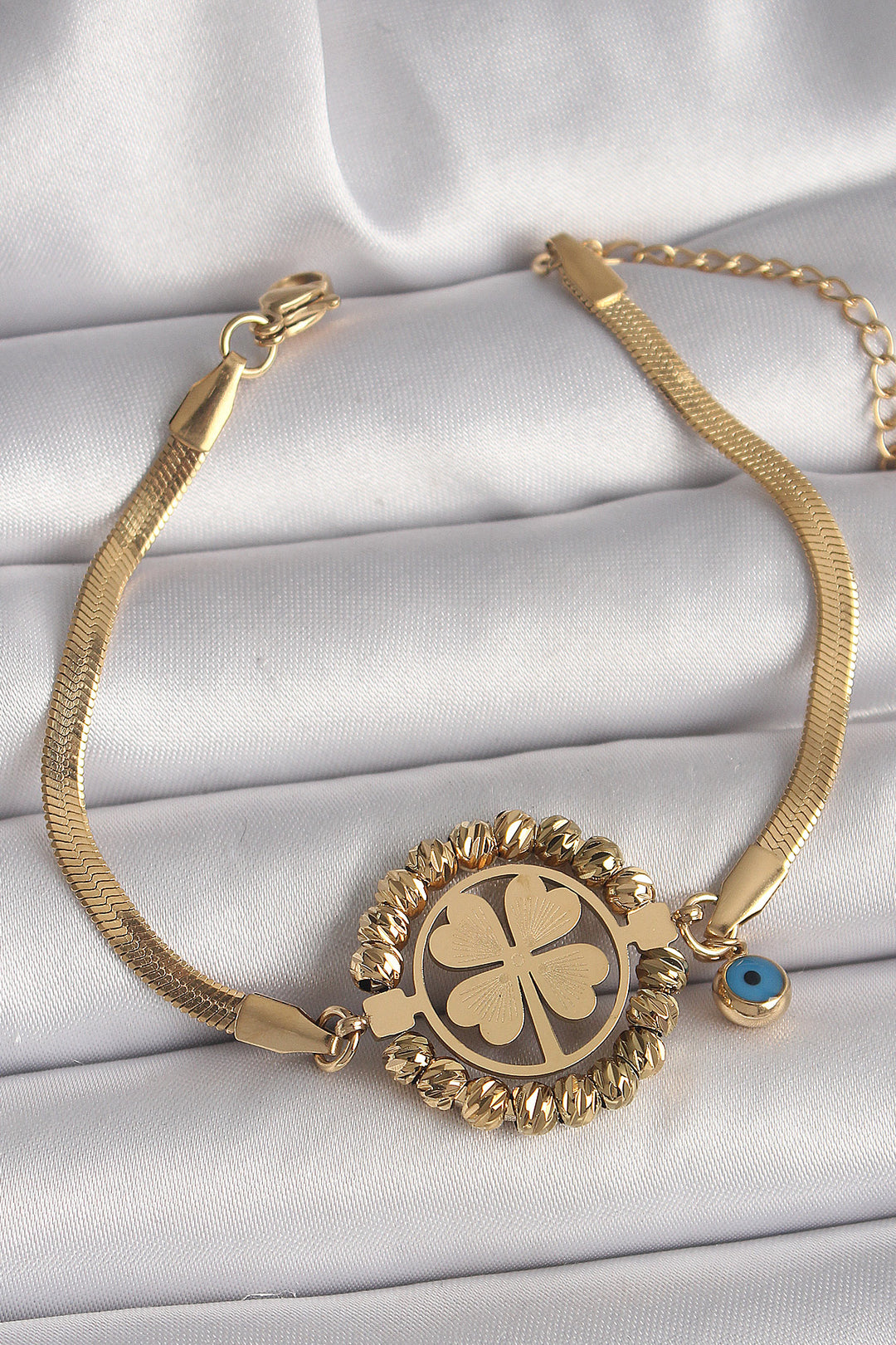 EBJ 316L Steel Gold Color Italian Chain Model Dorika Clover Figure Evil Eye Bead Detail Women's Bracelet - Vallejo