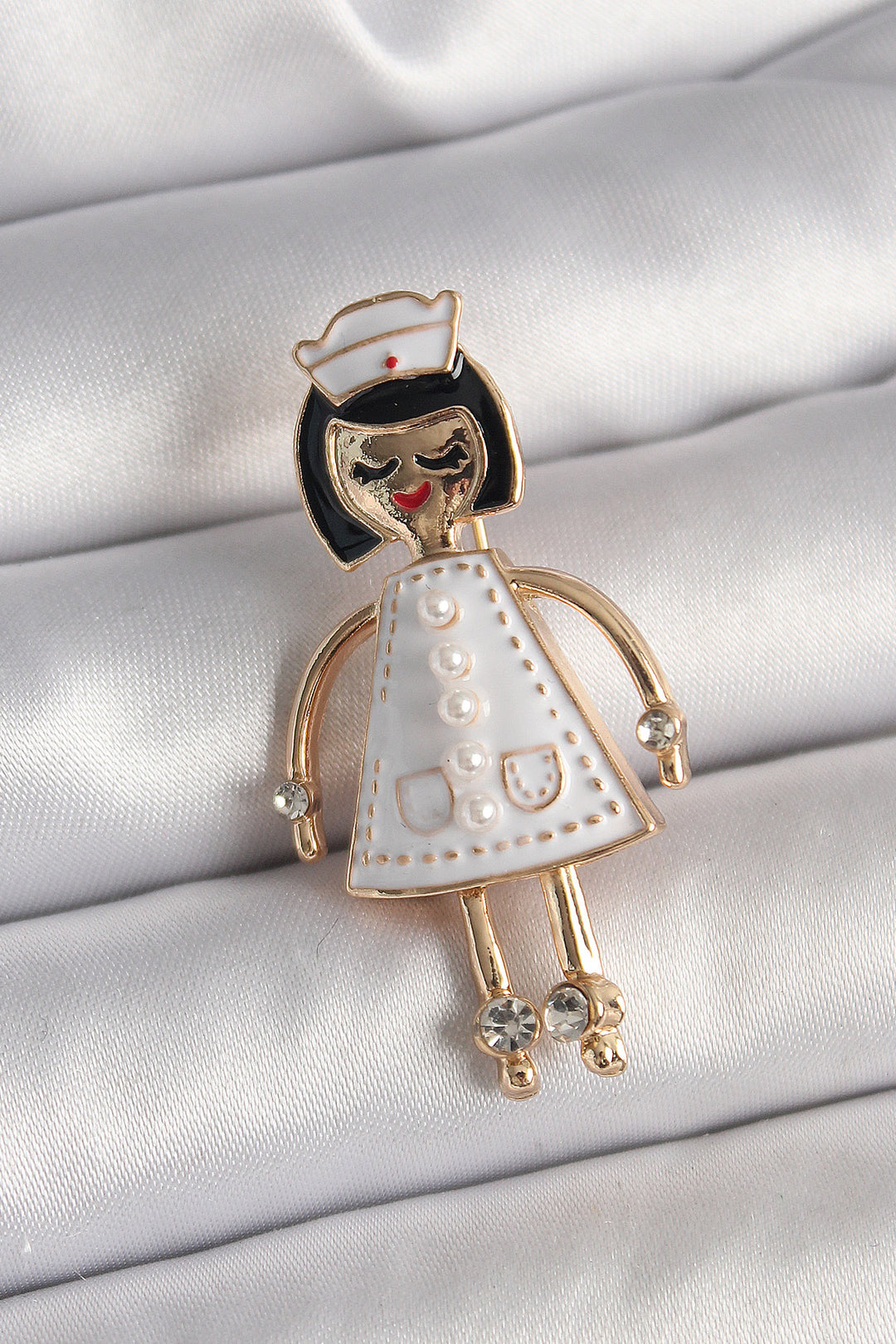 EBJ Rice Gold Color Nurse Model Pearl Zircon Stone Detail Women's Brooch - East Orange