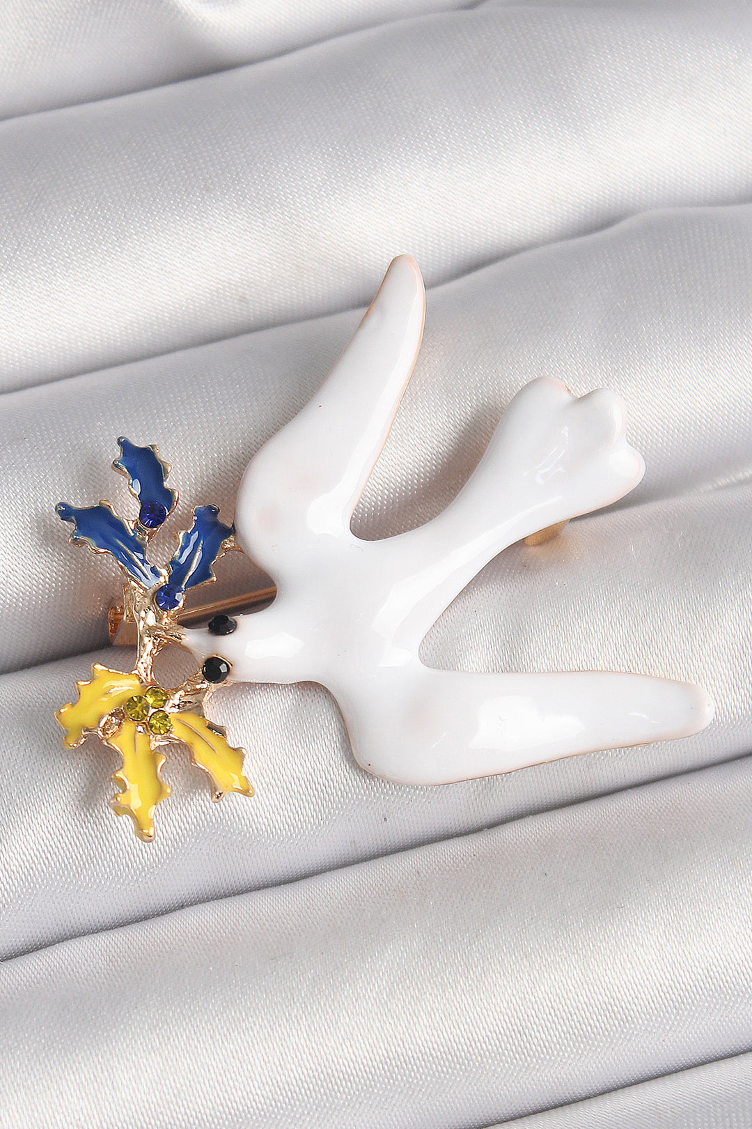 EBJ Rice Gold Color White Bird Patterned Brooch with Zircon Stone Yellow Navy Leaf Detail Women's Brooch - Terrebonne